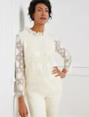NWT Talbots Women Medallion Lace Top Blouse XS Ivory White Ruffle Scalloped Hem