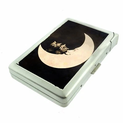 Vintage Image Moon Kittens Cigarette Case w/Built in Lighter Metal Wallet