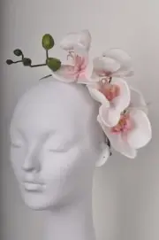 Blush Pastel Light Pink Cream Phalaenopsis Orchid Spray Floral Fascinator Hea...