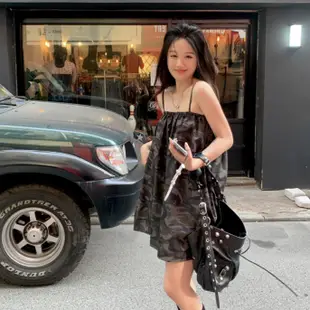 韓版個性街頭吊帶洋裝女裝寬鬆無袖迷彩洋裝