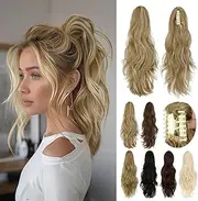 Ponytail Extension Claw 18" Natural-Looking Synthetic Wavy Long Pony Tails Hair Extensions Ash blonde mix Bleach Blonde Clip-In Hairpiece for Women