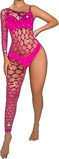 [Aucute] Sexy Rave Outfits for Women Sparkly Rhinestone Fishnet Bodysuit Mesh Jumpsuit One Leg Bodystocking