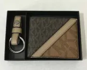 New Michael Kors Boxed Cooper Men's slim Billfold & Key Fob Wallet Brown multi