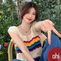 在飛比找蝦皮商城優惠-【ohi】彩虹條紋針織吊帶背心女修身外穿 無袖上衣上衣 小可