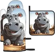 3 pcs Oven Mitts and Pot Holders Set 500°F Heat Resistant Oven Gloves and Hot Pads Kitchen Mittens Cartoon Hippo Cooking Gloves Potholders for Baking Grilling