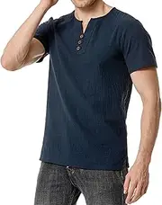 [Aosufei] Men's Solid Notched Neck Button T-Shirt Linen Dry-Fit Beach T-Shirt Short Sleeve Loose Regular T-Shirts