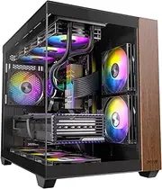 Okinos Genuine Walnut Wood PC Case, Pre-Installed 4 x 120mm ARGB & PWM Fans, Type-C Port, Panoramic View Tempered Glass Side Panel, Black, ATX Case, Mid-Tower, Mirage 6