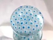 M Design Art Glass Mouth Blown Light Blue Milk White Millefiori Paperwei...