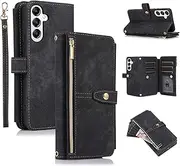 [UEEBAI] Case for Samsung Galaxy S23 FE 5G, 9 Card Slots Retro Leather Wallet Shockproof Flip Cover with Hand Strap Card Slots Zipper Pocket Kickstand Handbag Magnetic Closure - Retro Black