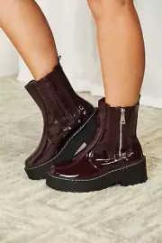 Forever Link Wine Side Zip Vegan Patented Leather Platform Boots