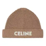 Celine Paris Camel Beige Logo Cashmere Knit Wool Embroidered Beanie Winter Hat
