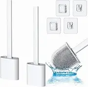 Silicone Toilet Brush-Soft Flat Toilet Brush with Holders, Cleaning Brushes Set for Bathroom, Flexible Toilet Bowl Brush Head with Silicone Bristles, Wall Mounting Leak Proof Slots Base (White-2 Pack)