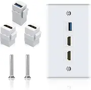 Poyiccot HDMI Wall Plate USB 3.0 Wall Plate, 3-Port Keystone Plug with 4K HDMI + USB 3.0 for Cable Mount Socket Panel Cover, White