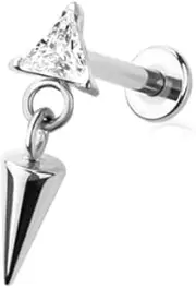 [Pierced Owl] 18GA ASTM F-136 Implant Grade Titanium Threadless Push In CZ Crystal Triangle with Dangling Spike Flat Back Stud