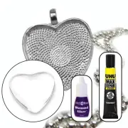10 x 25mm Antique Silver Heart Pendant KIT Settings, Glass, Ball Chain DIY