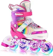SULIFEEL Rainbow Unicorn Adjustable Illuminated Inline Skates for Children Girls Beginner Skates with Luminous Wheels Rainbow