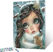 Tucocoo Winter Snow Girl with Bird Paint by Number Winter Fairy Girl Portrait DIY Painting on Canvas with Brushes Acrylic Paints Paint by Numbers for Adults and Kids Beginner 16x20 Inch（DIY Frame）