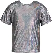 [FEESHOW] Kids Girls Shiny Metallic T-Shirt Long Sleeve Loose T-Shirt for Stage Performance Costume Jazz Hip Hop Dancewear