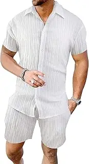 [Maiyifu-GJ] Men's Summer 2 Piece Beach Outfits Short Sleeve Button Down Cotton Linen Shirts and Shorts Sets for Men, White, Small, White, Small