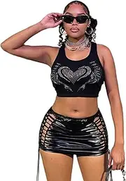 [ZGMYC] Women Shiny Metallic Mini Skirt Sexy Hollow Out Elastic Waist Drawstring Bodycon Skirt Party Clubwear