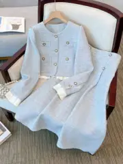 Autumn Winter French Tweed 2Piece Set Short Jacket Coat + Woven Long Skirt Suits