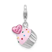 Sterling Silver Amore La Vita Rhodium-Plated Polished 3-D Enameled Cupcake And Heart Charm With Fancy Lobster Clasp