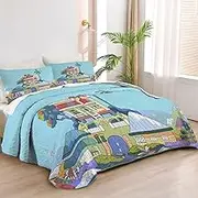 Allenjoy Twin Size Happy Pup Quilt Bedspreads Blue Adventurer Bed Set Bedding Coverlet Fabric Washable with 1 Pillow Sham SC00270-007
