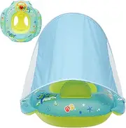 Baby Pool Float - Baby Swim Float with Canopy | Cartoon PVC Inflatable Swim Ring Steering Wheel Toy Sun Protection for Girl Boy 1-4 Years Old Summer
