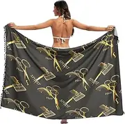 [RPLIFE] Elegant Gold Scissors Black Swimsuit Sarong Coverup, Tassel Sarong Cover Up, Womens Pool Sarong