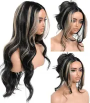Highlights Synthetic Lace Front Wigs Body Wave Glueless Wigs With Bangs Black...