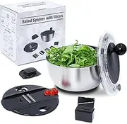 Jikoni Yetu Stainless Steel Salad Spinner Large 5.28Qt - Lettuce Spinner With Strainer - Salad Spinners Best Rated For Home Kitchen Washing - - Includes Vegetable Slicer.