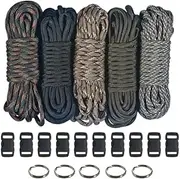 Paracord 550 Kit - Five Colors (Olive Drab ACU Woodland Camo Desert Camo & Black) 100 Feet Total w/10 3/8 Black Side Release Buckles & (5) 32mm Key Rings