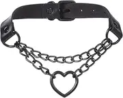[FM FM42] PU Simulated Leather Black-Tone/Silver-Tone Gothic Punk Heart Ring Cuban Curb Link Chain Adjustable Neckband Collar Choker (16 Colors)