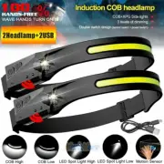 2X COB LED Motion Sensor Headlamp USB Rechargeable Band Headlight Torch 5Modes