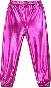 [Moggemol] Kids Girls Boys Shiny Metallic Dance Harem Pants Stretchy Jogger Pants Jazz Hip Hop Street Dancewear