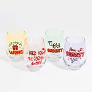 Christmas Glitter Stemless Wine Glass - 4 Pack