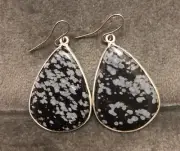 Handmade Snowflake Obsidian Teardrop Gemstone Dangle Style Earrings