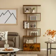 CostwayS-Shaped Bookshelf with Storage Cabiet for Living Room Brown