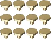 1-1/10" Solid Brass Knobs Shoe Cabinets Knob and Pulls Brushed Gold Hexagon Handles for Dresser Drawer (12Pcs)