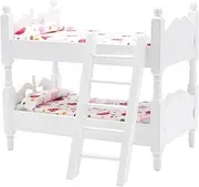 Baby Doll Bed Doll Bunk Bed 1:12 Scale Wooden Dollhouse Bed with Ladder and Floral Beddings DIY Realistic Doll Bed Dolls House Furniture for Dollhouse White