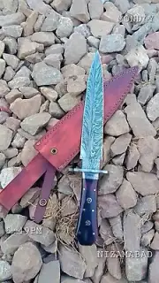 Hand Made Damascus Steel Feather Pattern Dagger Knife With Leather Sheath