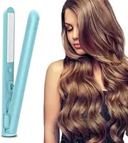 Mini Dual Purpose Curling Iron, 2024 Upgrade 2 in 1 Curling Wand and Flat Iron, USB Hair Straightener Curling Iron, Cordless Portable Travel Curling Wand for All Hair Types (Blue)