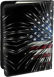 [EdWal] American Flag Firework Print Passport Cover with Credit Card Holder Leather Passport Case, for Women Men Family ID Travel, Black, One Size