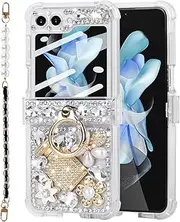 [Leiju Case] for Samsung Galaxy Z Flip 6 Case 3D Cute Handmade Sparkle Stunning Stones Crystal Diamond Bling Glitter Cover with Strap Hinge Protection & Screen Protector Case