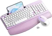 Wireless Keyboard and Mouse Combo, Wave Keys Computer Ergonomic Keyboard with Cushioned Plam Rest, Phone Holder, 2.4GHz Silent 6 Button Wireless Mouse Set for Laptop, PC, Windows, Mac (Purple)