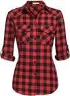 Genhoo Womens Flannel Shirts Roll Up Long Sleeve Plaid Shirt Large, Red