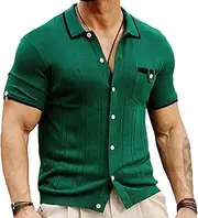 [PHJTOMK] Mens Striped Knitted Golf Beach Tops Casual Cuban Collar Texture Shirt Vintage Button Down Shirt Short Sleeve