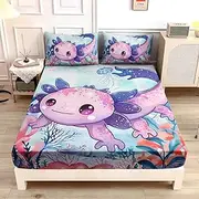 UEVBF Cute Axolotl Bedding Set Full Size,Color Axolotl Waterweed Jellyfish Pattern Toddler Bed Fitted Sheet Set,Ocean Life Bedding Sets for Kids Girls Room Decor,1 Fitted Sheet+2 Pillowcases.