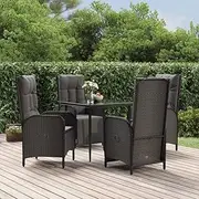 5 Piece Garden Patio Wicker Dining Set with Cushions, Black Poly Rattan, Reclining Chairs & Tempered Glass Table, Outdoor Furniture for Balcony, Porch, Small Patio Spaces
