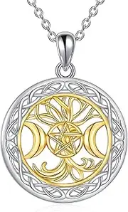 [WINNICACA] Triple Moon Goddess Necklace Sterling Silver Pentagram Pentacle Tree of Life Pendant Necklace Wiccan Pagan Jewellery for Women Men